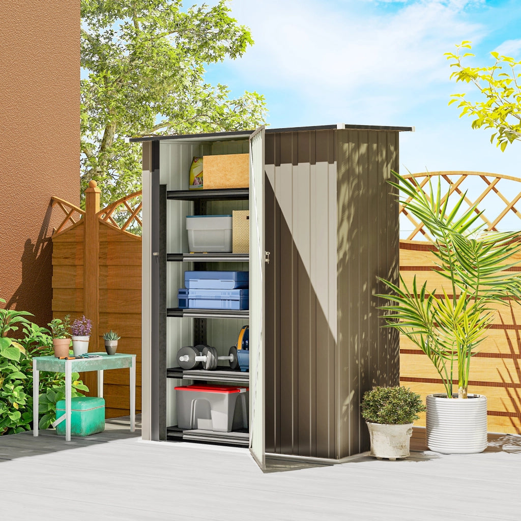 Capanno Porta Attrezzi 142x86x189 cm con Tetto Inclinato e Porta Bloccabile in Metallo Marrone
