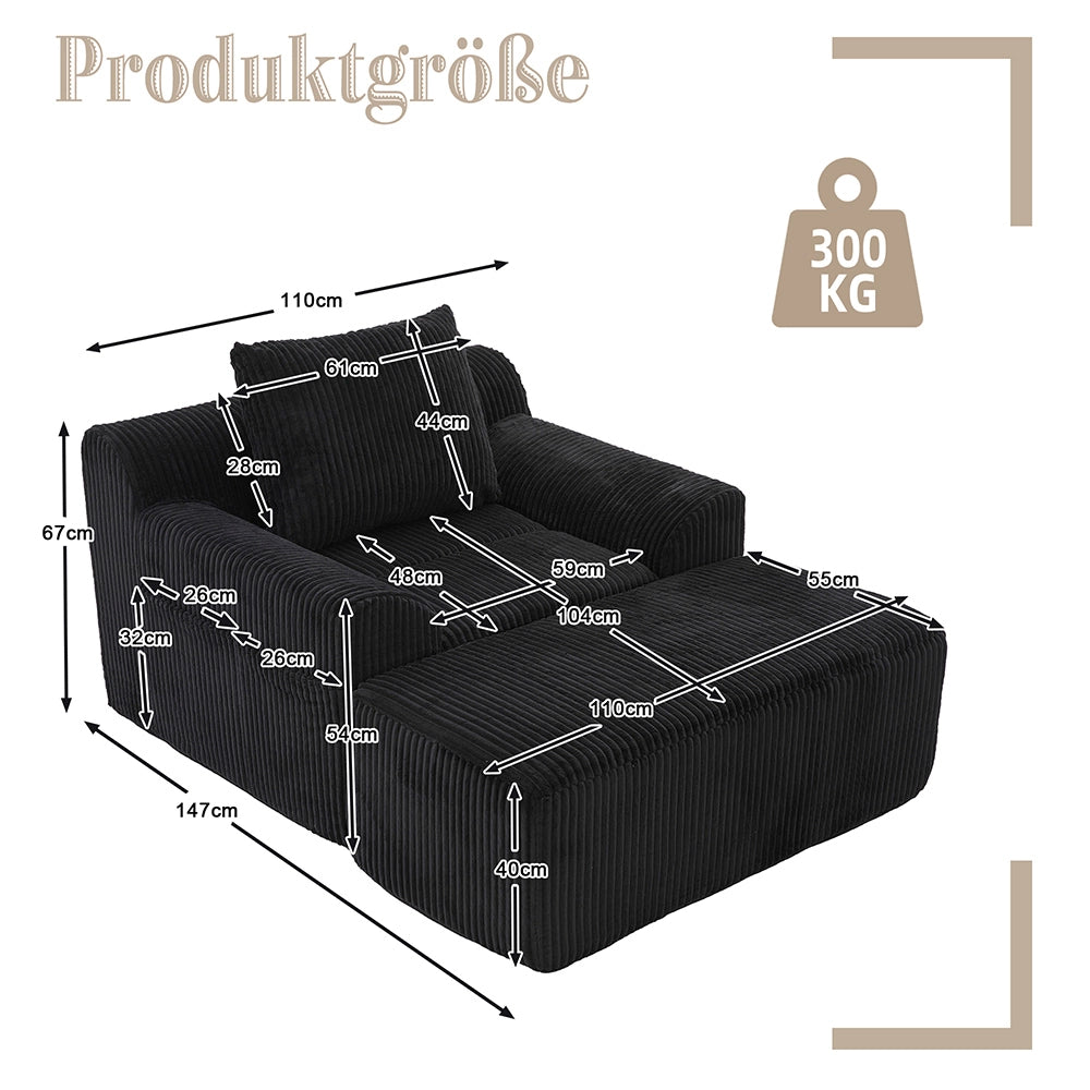 Poltrona oversize - Xylo - Velluto costato con tasche laterali, pouf e nessun assemblaggio