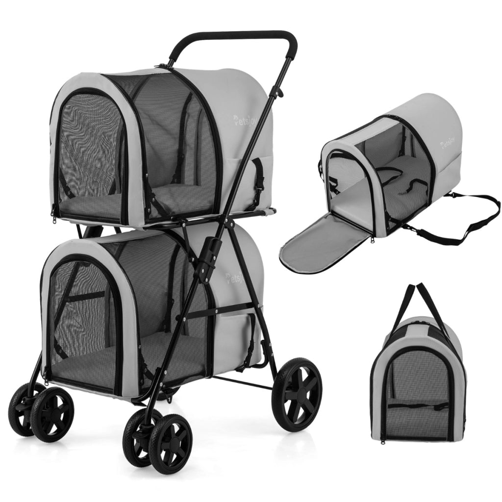 Passeggino pieghevole per animali a doppio livello con 4 ruote, Passeggino 4 in 1 per cani e gatti Grigio-Giochi e accessori per cani