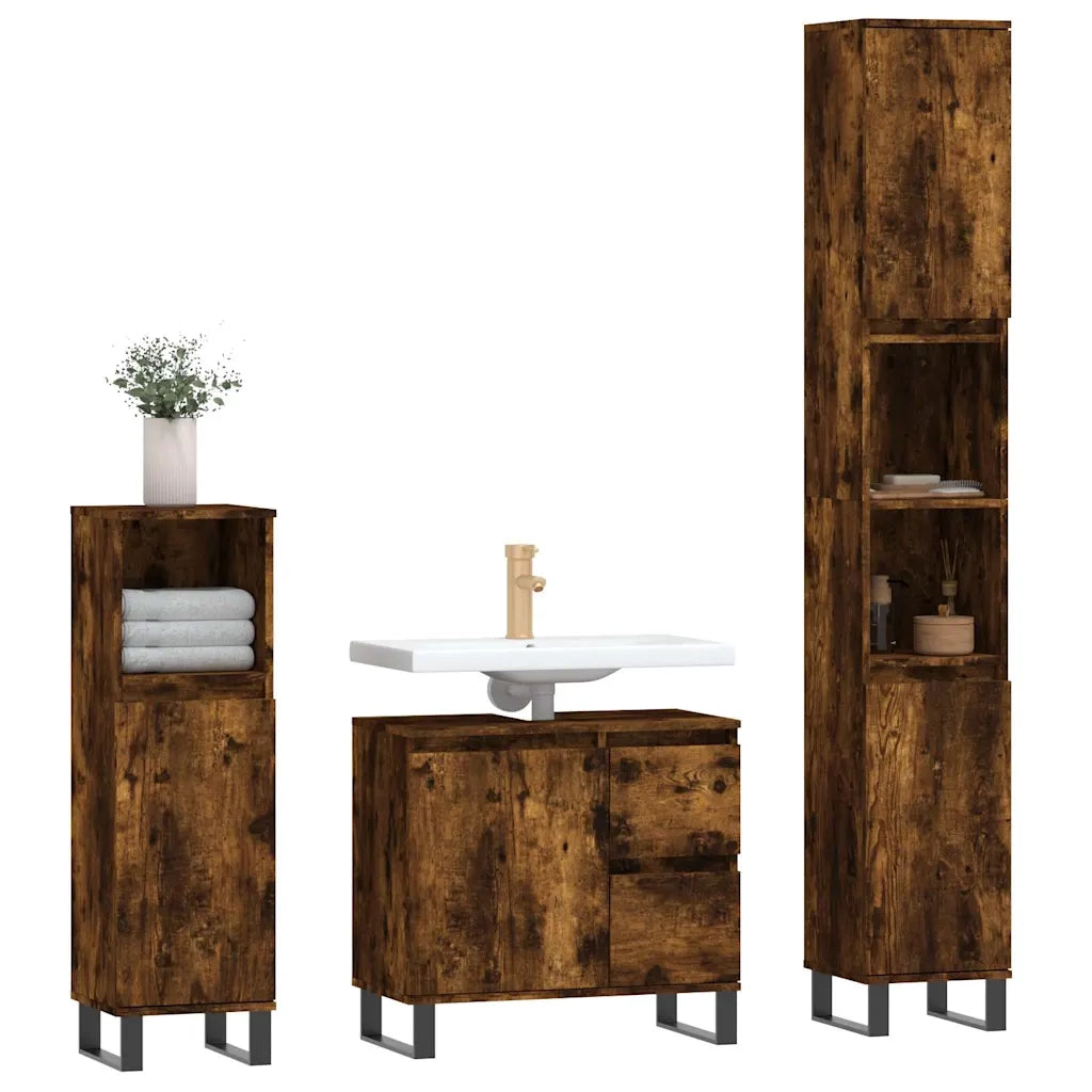 Set Mobili da Bagno 3 pz Rovere Fumo in Legno Multistrato 3190234