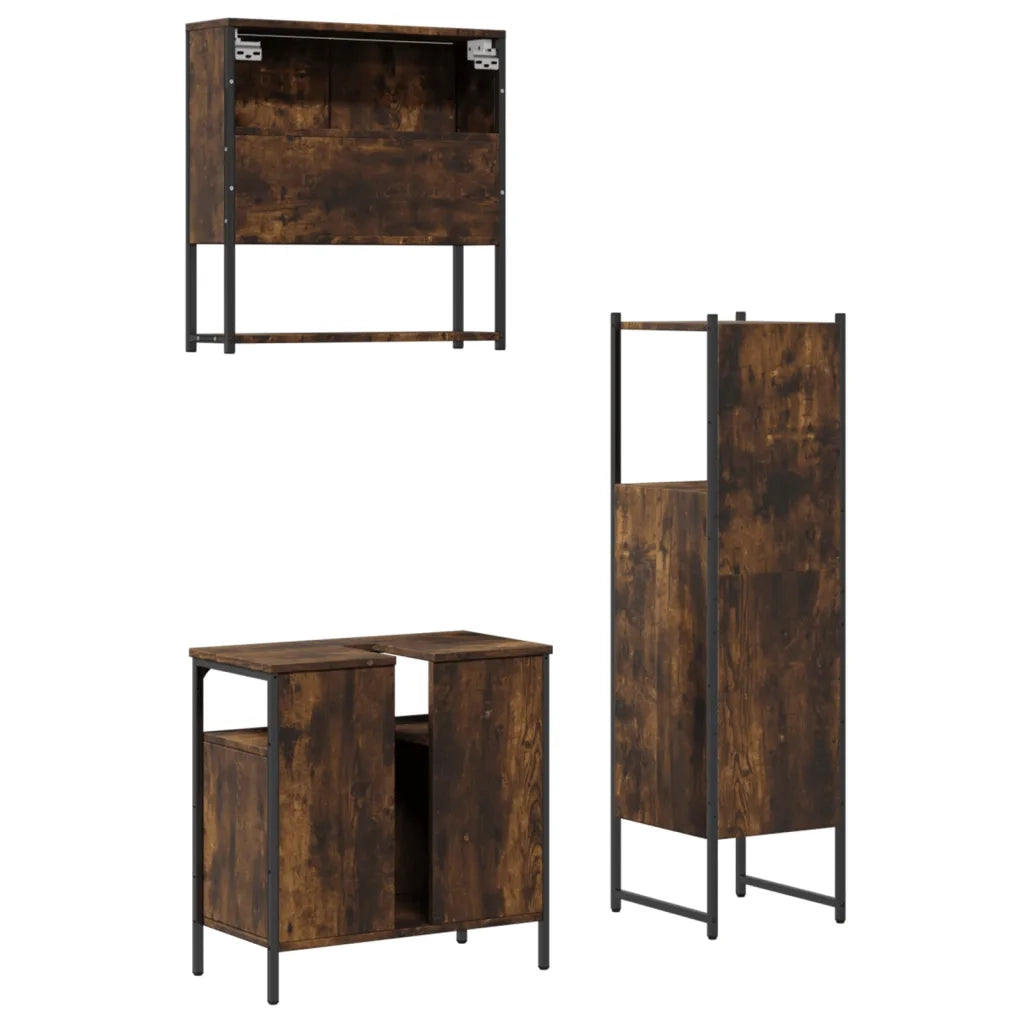 Set Mobili da Bagno | Armadio da bagno 3 pz Rovere Fumo in Legno Multistrato