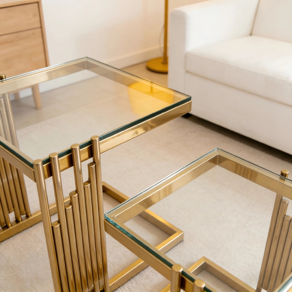 TAVOLINO Set da 2 pezzi quadrato 41 x 41 x 46 cm vetro temperato trasparente oro