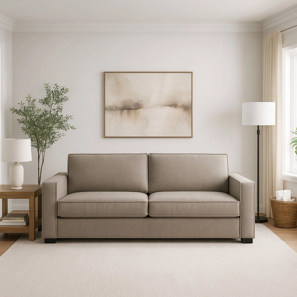 Divano fisso Arki, Divano a 2 posti, Made in Italy, SofÒ  Soggiorno in tessuto, con Braccioli standard, cm 180x95h90, Tortora