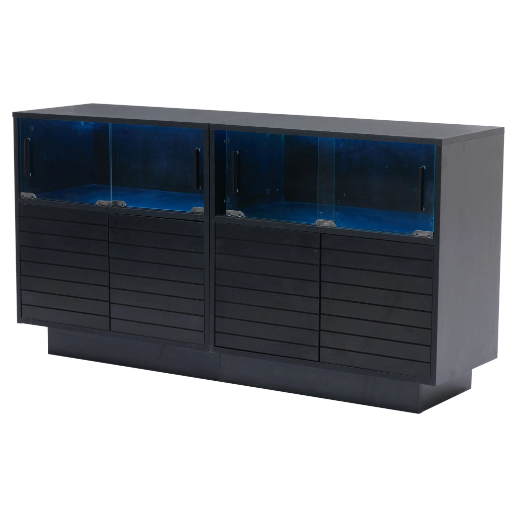 Credenza 130x35x68 cm con LED e ante scorrevoli in vetro; truciolato e vetro temperato nero