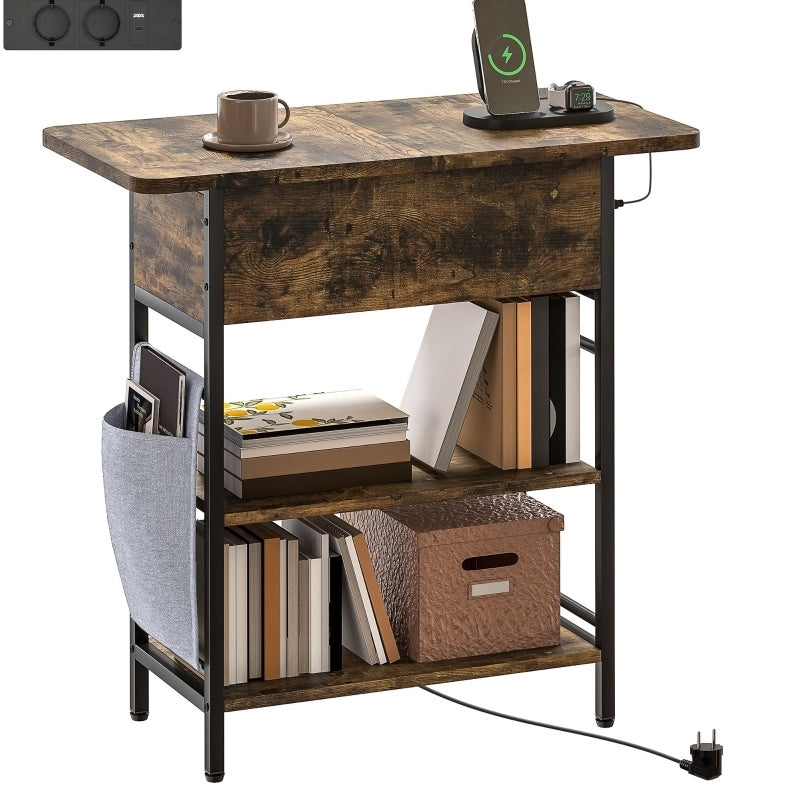 Tavolino laterale con prese AC; USB e USB-C; 60 x 29;8 x 58;5 cm; marrone rustico