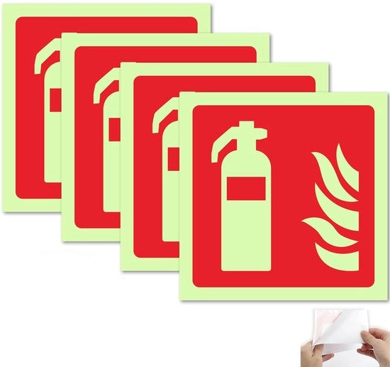 Kit di etichette per estintori autoadesivi da 4 - PVC autoadesivi - Fotoruminecente - Resistente al fuoco - Accessorio di sicurezza - Alta visibilità - Scudo estintore