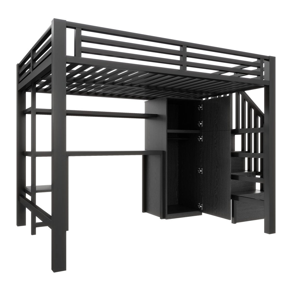 Letto a Soppalco con Scrivania, Scala, Armadio e Scaffale ¨C Xylo ¨C Metallo Nero 140x200