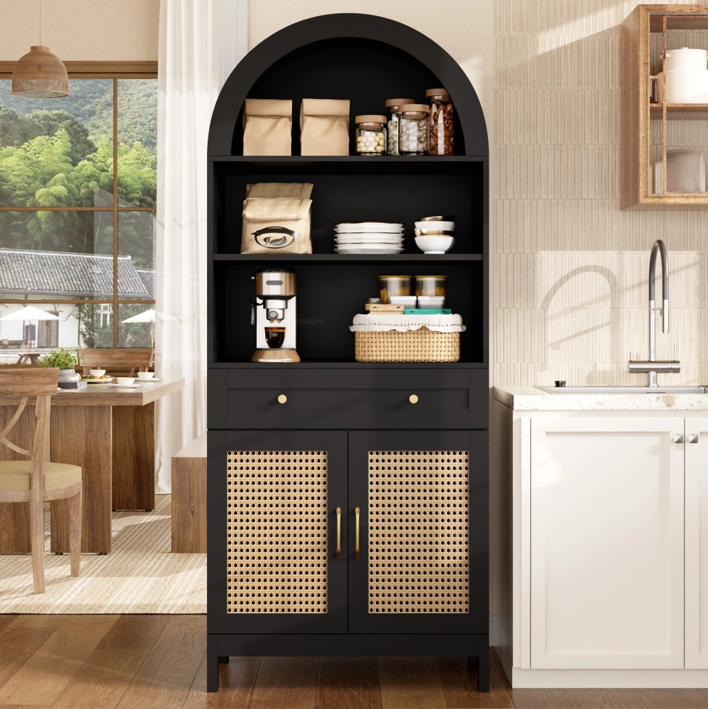 Vetrina con ante in rattan nero e legno, 70 x 40 x 170 cm