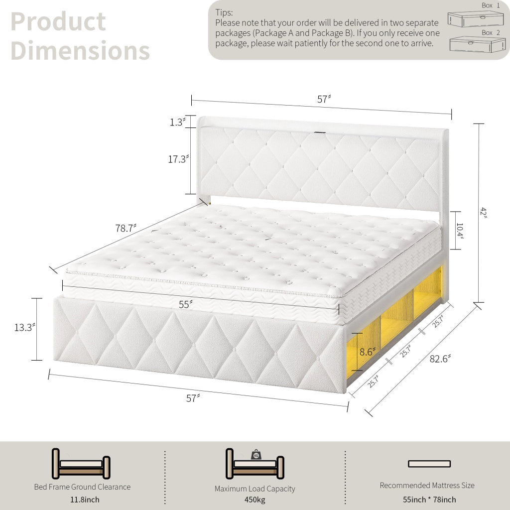 Letto imbottito in velluto bianco con USB, LED e 6 cassetti, 140x200 cm