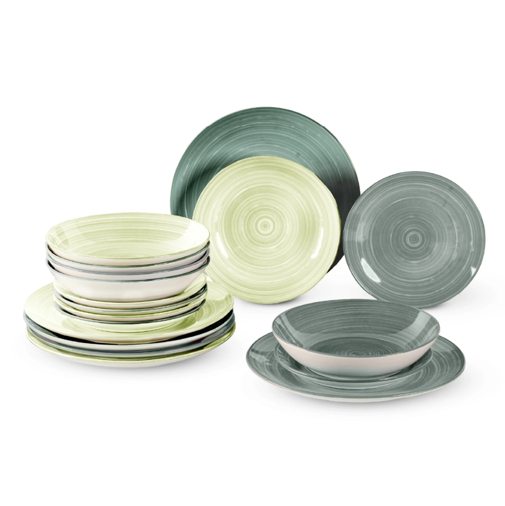 Set 18 Piatti in Porcellana Colorati Servizio Tavola Moderno 6 Persone Piatti Piani Ø27 cm, Fondi Ø20 cm e Dessert Ø19 cm Lavastoviglie e Microonde Certificati per Contatto Alimentare Terra