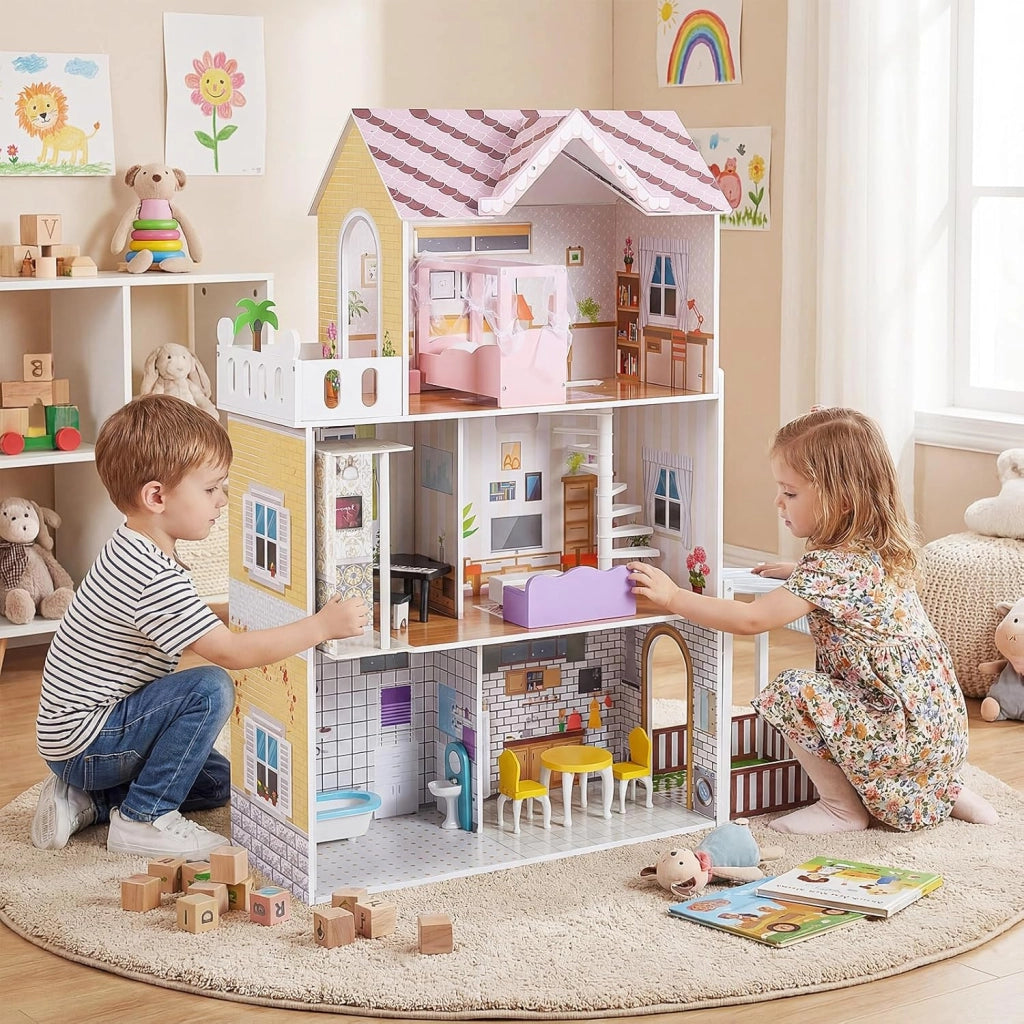 Casa delle Bambole in Legno, Casa Barbie a 3 Piani con Mobili, Ascensore, Balcone, Giardino e 16 Accessori, Fai-da-Te Giocattolo per Bambini 3+ Anni,102 x 34 x 120,5 cm