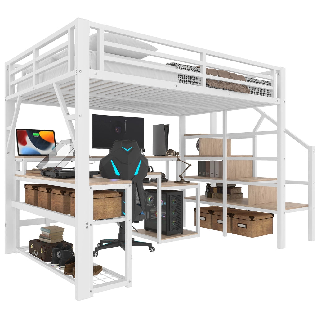 Letto a soppalco 140x200 cm bianco con scrivania, LED, USB e scaffali