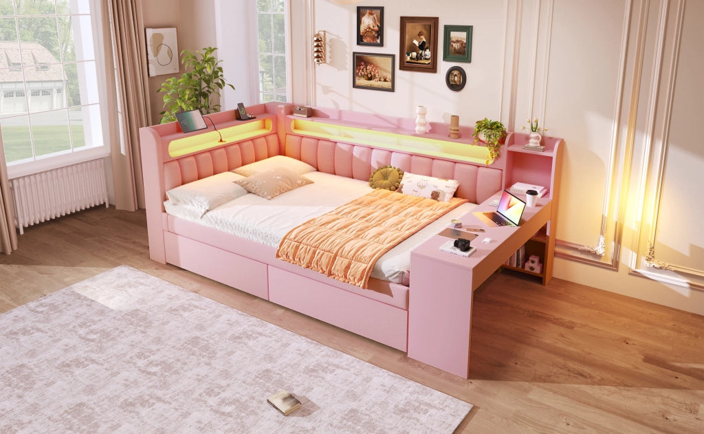 Divano letto 140x200 rosa imbottito con scrivania, luci LED, porte USB e cassetti