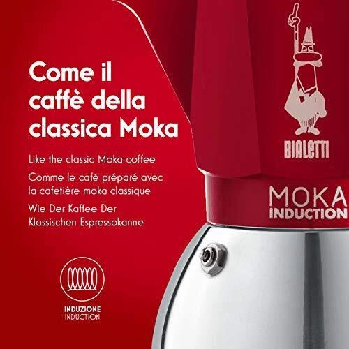 Bialetti 6942 Moka Induction Caffettiera 2 Tazze 90 ml Acciaio e Alluminio Induzione Compatibile colore Rosso