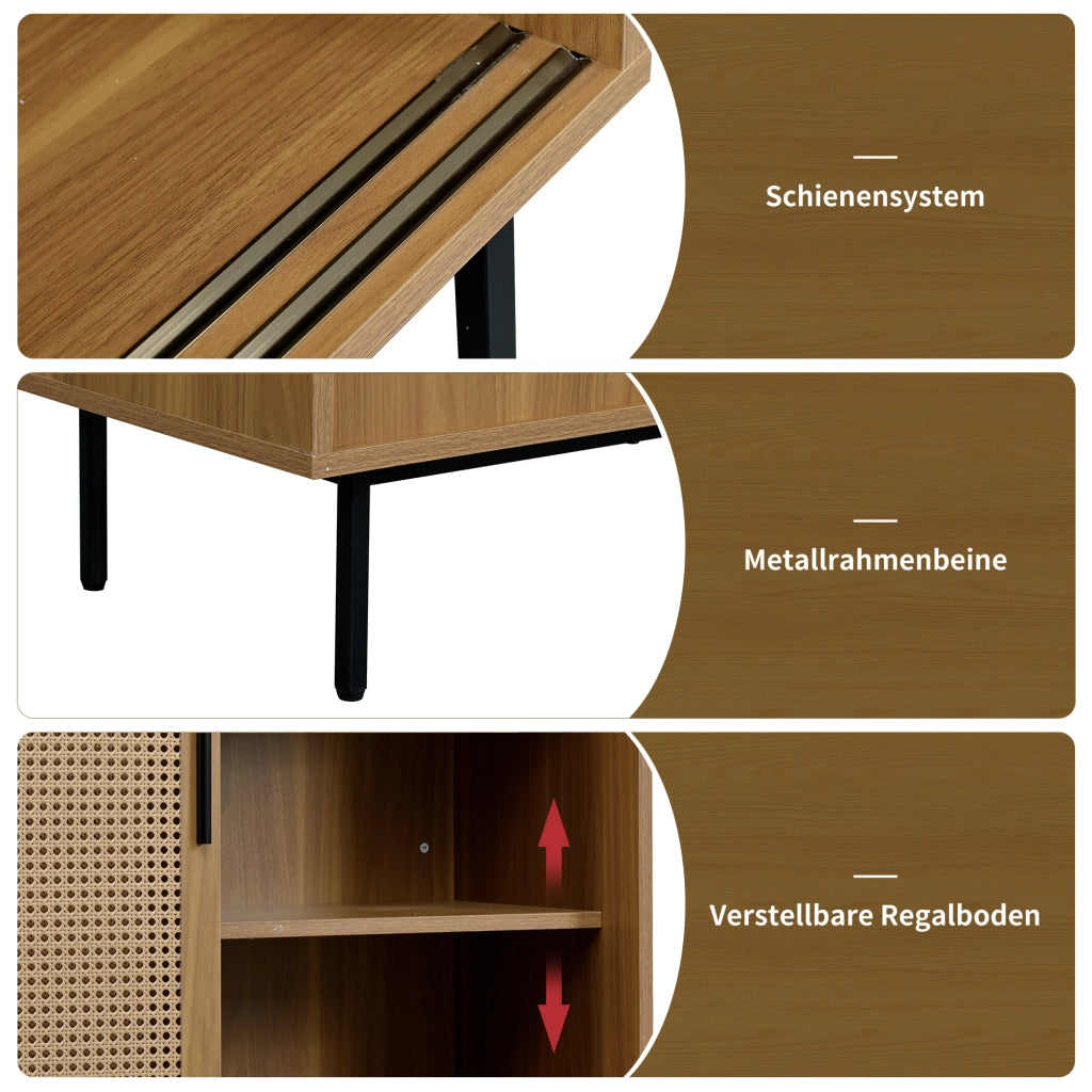 Credenza e Madia con 2 Ante Scorrevoli in Rattan e 3 Ripiani Regolabili; Stile Country; in Pannello Truciolare; 100??37??90 cm; Noce
