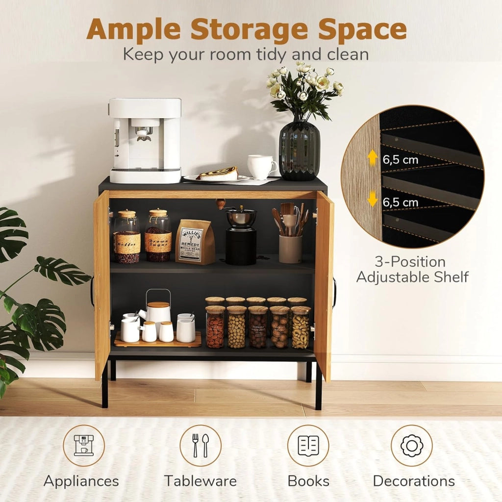 Credenza a buffet da cucina con 2 ante decorate in rattan, mensola regolabile in 3 posizioni, kit antiribaltamento, 80 x 38 x 81 cm, mobile per sala da pranzo, soggiorno (nero)