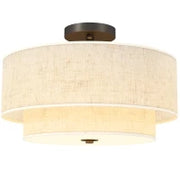 Lampada a Soffitto, Lampada a Sospensione con Doppi Paralumi in Lino, Bianco crema