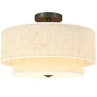 Lampada a Soffitto, Lampada a Sospensione con Doppi Paralumi in Lino, Bianco crema