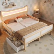 Letto matrimoniale 140x200 cm con testiera a forma di gatto, LED RGB, cassetto e contenitore, bianco e rovere
