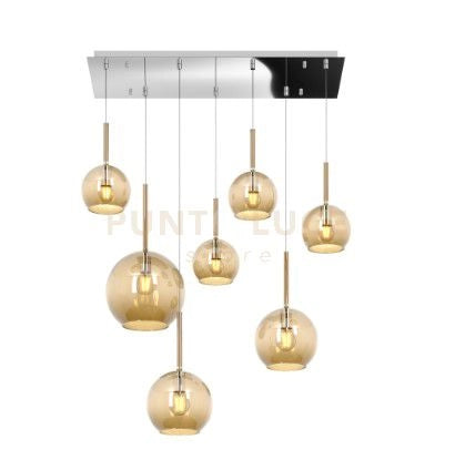 SOSP. CROMO RETTANGOLARE 7 LUCI VETRI (1 GRANDE+2 MEDIO +4 PICCOLO) TUTTI AMBRA 1155CR-S7 RMIX-AM