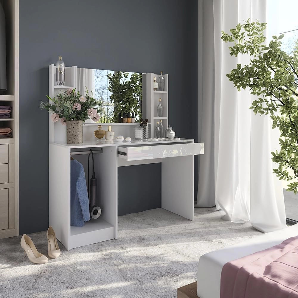Tavolo da toeletta Sherry, Bianco/bianco lucido, 119.8 cm 4 parti, con specchio superiore per l'uso quotidiano e l'organizzazione
