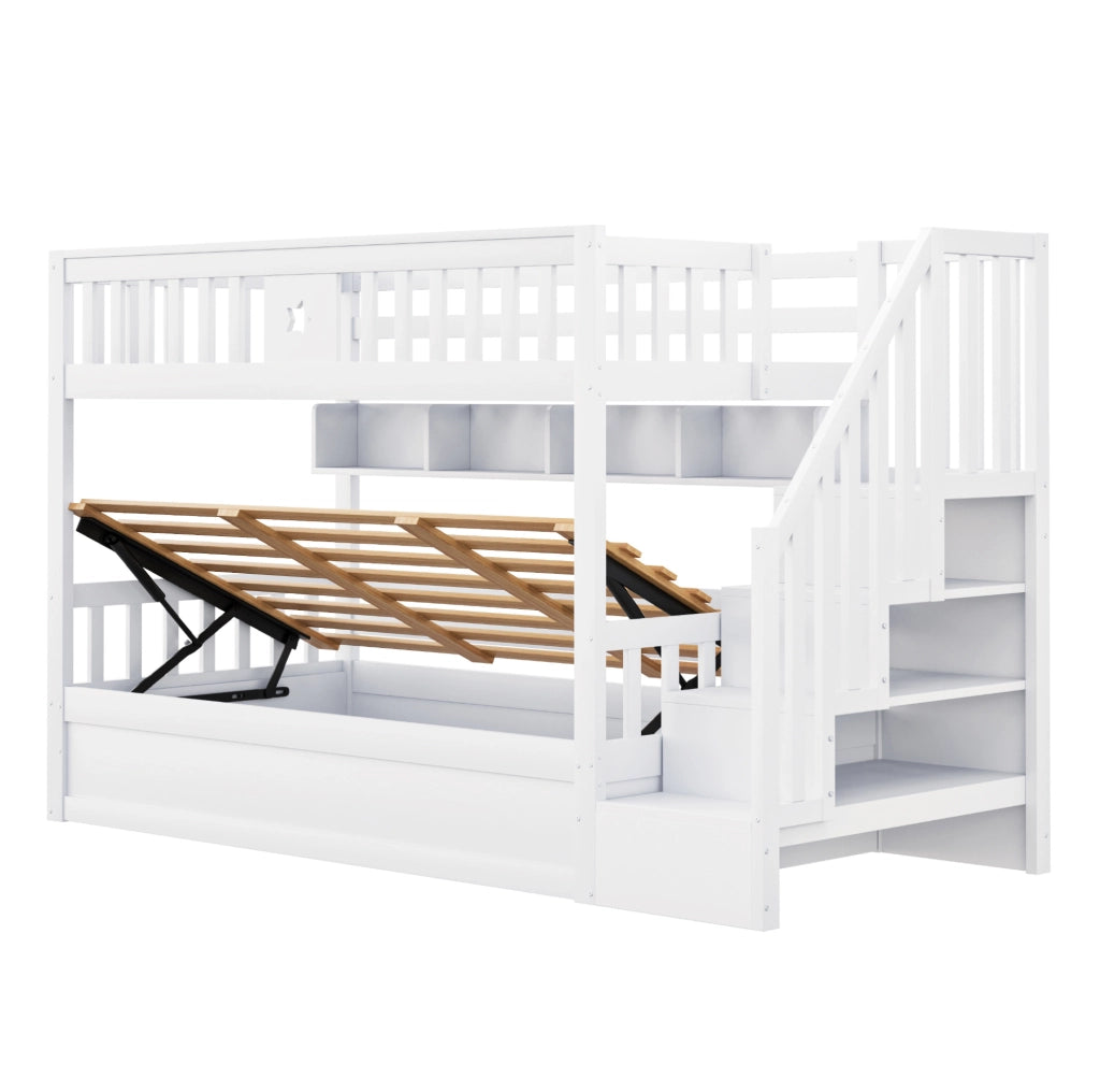 Letto a soppalco 90x200 cm con contenitore idraulico; scala e ripiani; bianco