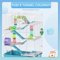Gabbia per Criceti 6 Livelli con Tunnel, Ruota, Rampe, Casetta, Bottiglia e Ciotola, Azzurro