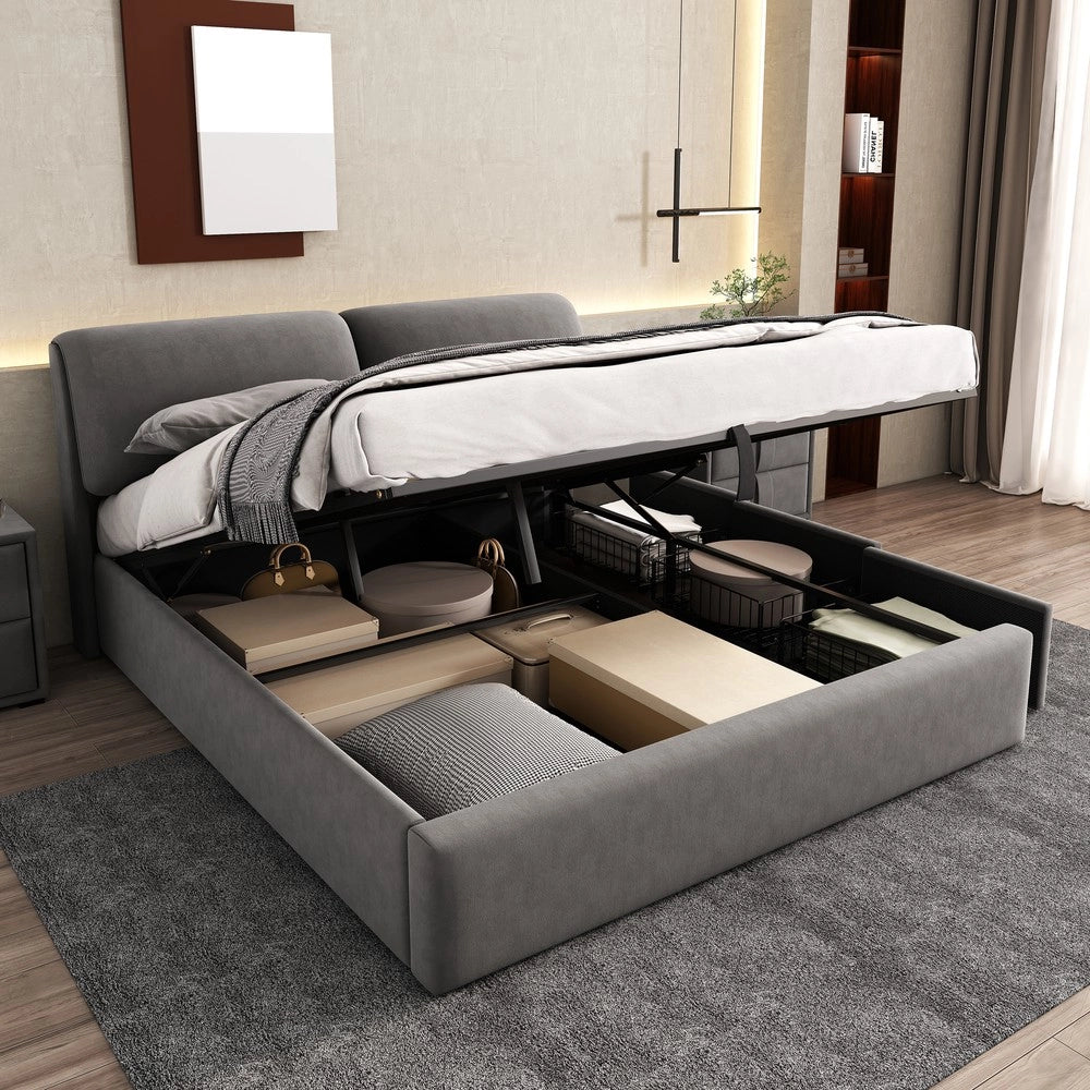 Letto Contenitore Imbottito in Velluto ¨C Xylo ¨C Grigio 160x200, Cassetti, Testiera, Rete a Doghe