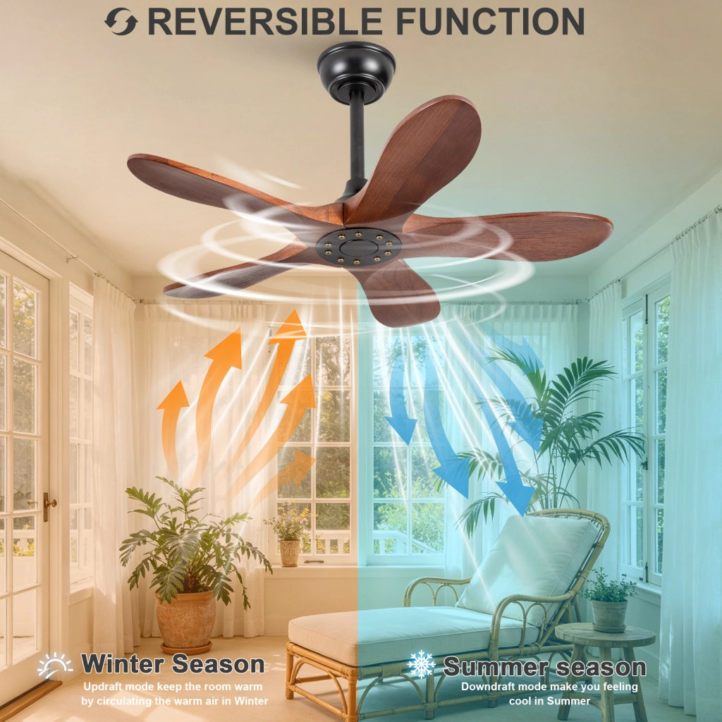 Ventilatore da soffitto 36 pollici senza illuminazione, 5 pale legno massello, motore reversibile 6 velocit¨¤, design classico, silenzioso