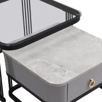 Set di 2 Tavolini da Salotto Impilabili con Piano in Marmo Lucido e Vetro, Struttura in Metallo e Cassetti, 60x60x42 cm + 50x50x34 cm, Nero
