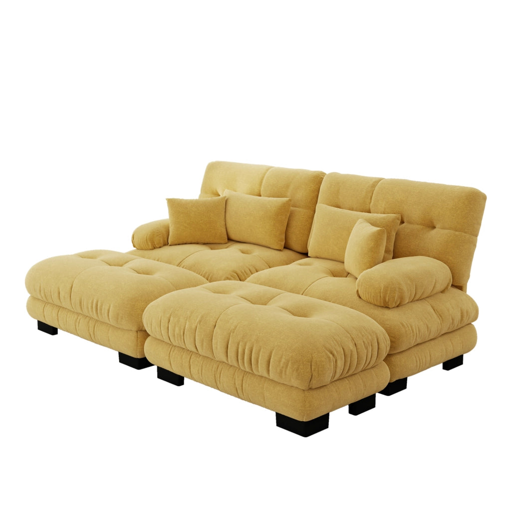 Divano modulare angolare in ciniglia gialla 220x145x81 cm con 2 pouf; cuscini lombari e decorativi