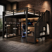 DESMIU Letto a soppalco 140 × 200 cm 1 posto con scrivania, armadio, LED, spazio contenitore, senza materasso, nero