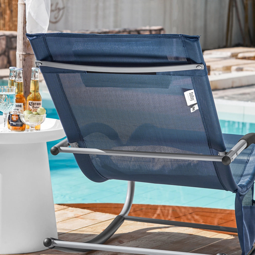 SoBuy Lettino Sdraio da Giardino a Dondolo - Sedia a Dondolo da Esterno in Textilene Blu Navy con Telaio in Metallo, 150x63x87cm, Lettino Prendisole per Terrazza, Piscina, Patio, OGS28-NB