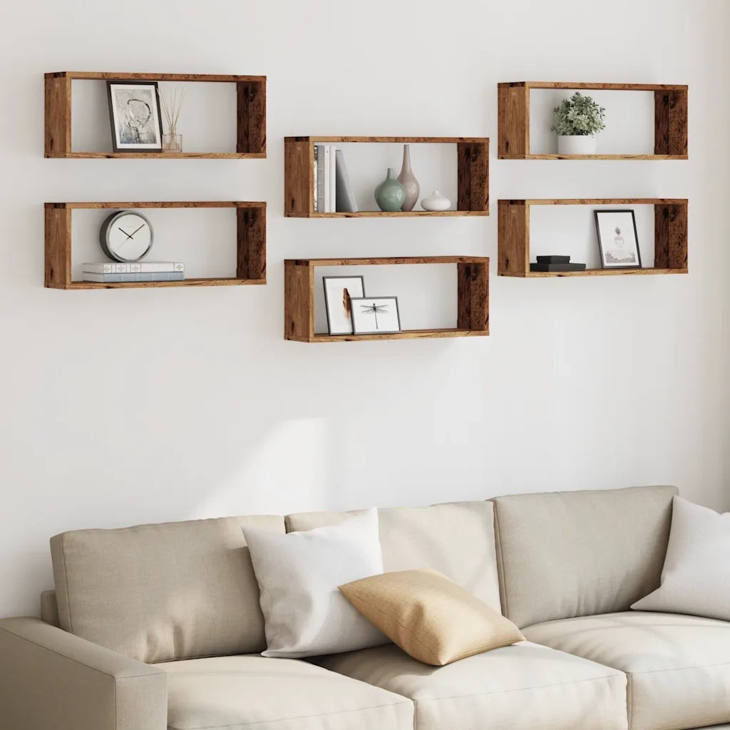 Mensole a Cubo Muro 6 pz Legno Antico 60x15x23 cm in Truciolato 856588