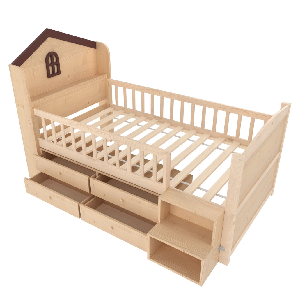 Letto per bambini a casetta 90x200 cm con LED, 4 cassetti e scala contenitore