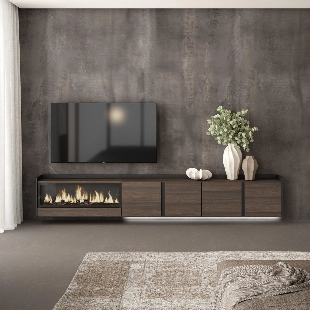 Mobile TV Soggiorno, 315x50x35 cm, Per TV fino a 80", Camino elettrico XXL, Sospeso, da appendere, LED, Rovere scuro e Nero