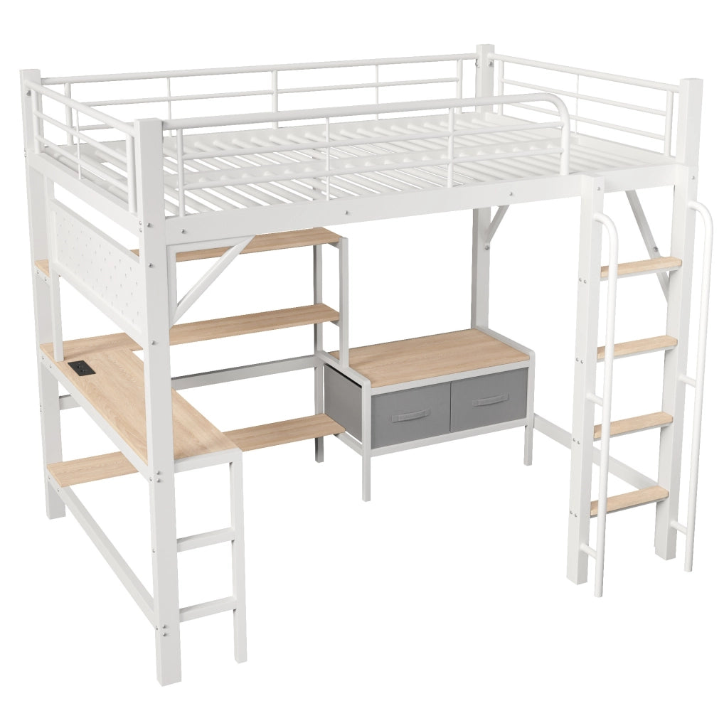 Letto a castello 140x200 cm in metallo e MDF con scrivania; LED; USB e contenitori; bianco