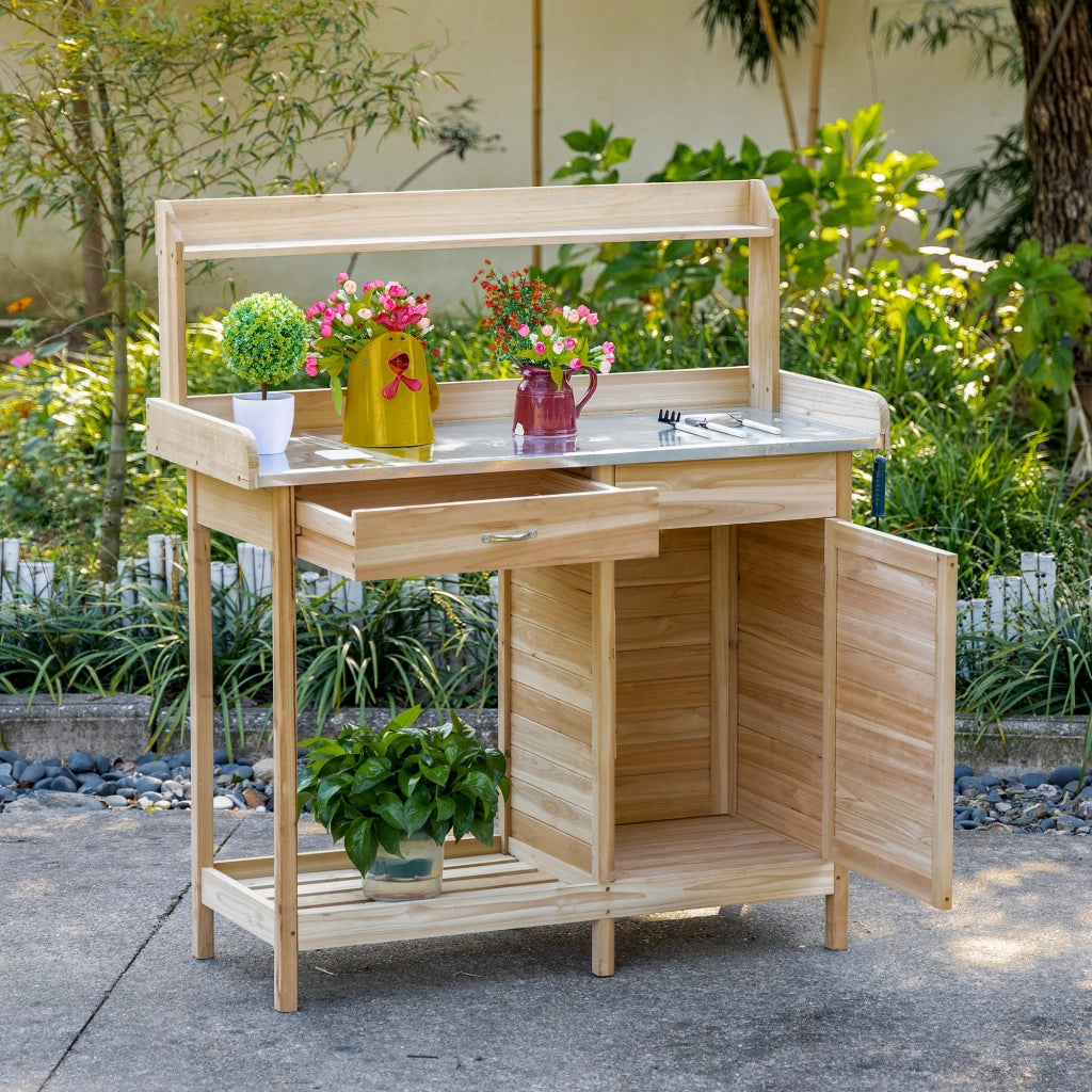 Tavolo da giardinaggio con ripiani e cassetti ¨C zephmum ¨C legno di abete