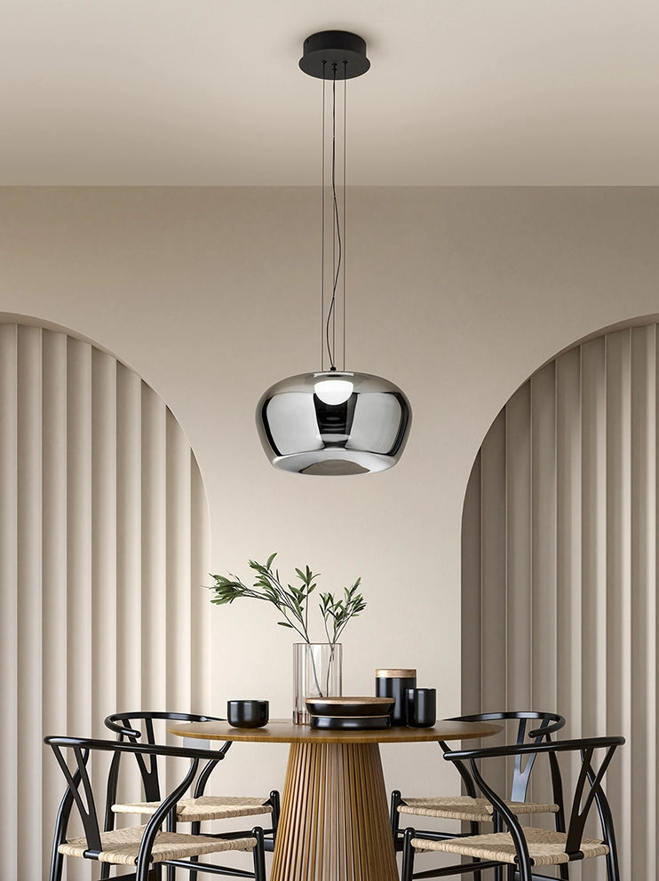 Lampada a Sospensione LED 20W in Vetro Specchiato Fumè e Struttura Nero Opaco D.38cm - Design Moderno ed Elegante per Interni - Perenz