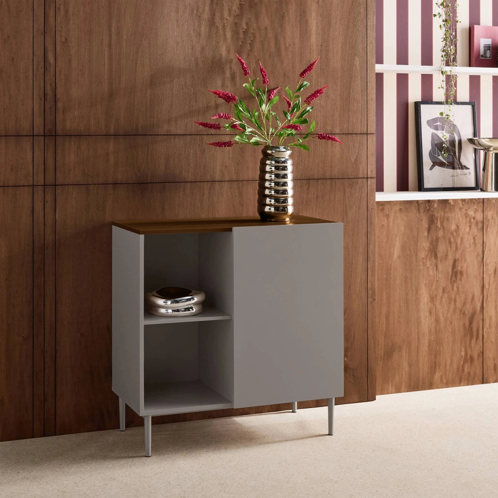 Credenza in metallo e decorazione in legno 1 anta, 80cm, grigio