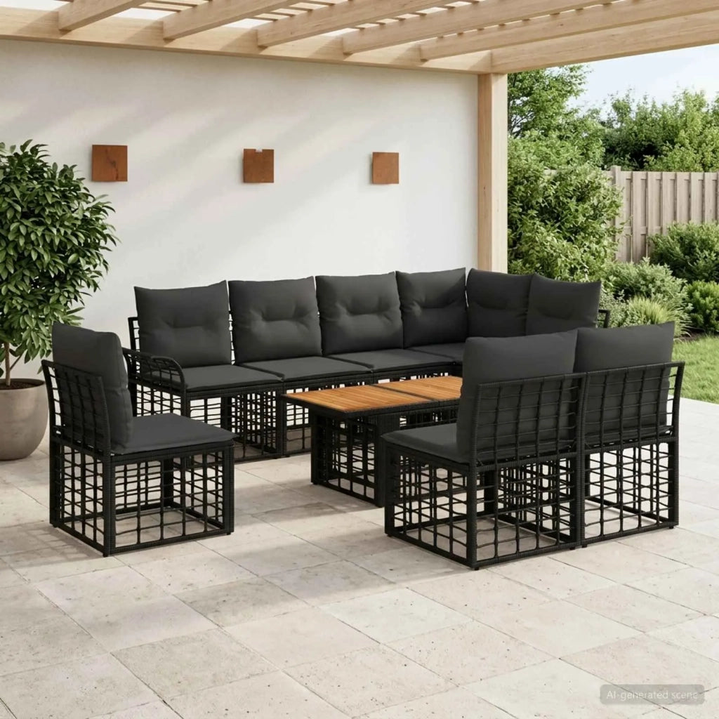 Set Divano da Giardino 9 pz Nero e Grigio scuro polyrattan 3437983