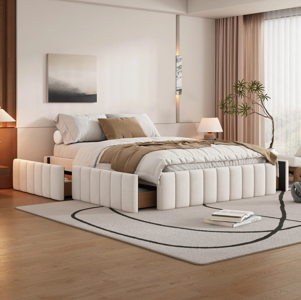 Letto imbottito 140 x 200 cm in velluto beige con 4 cassetti e rete a doghe