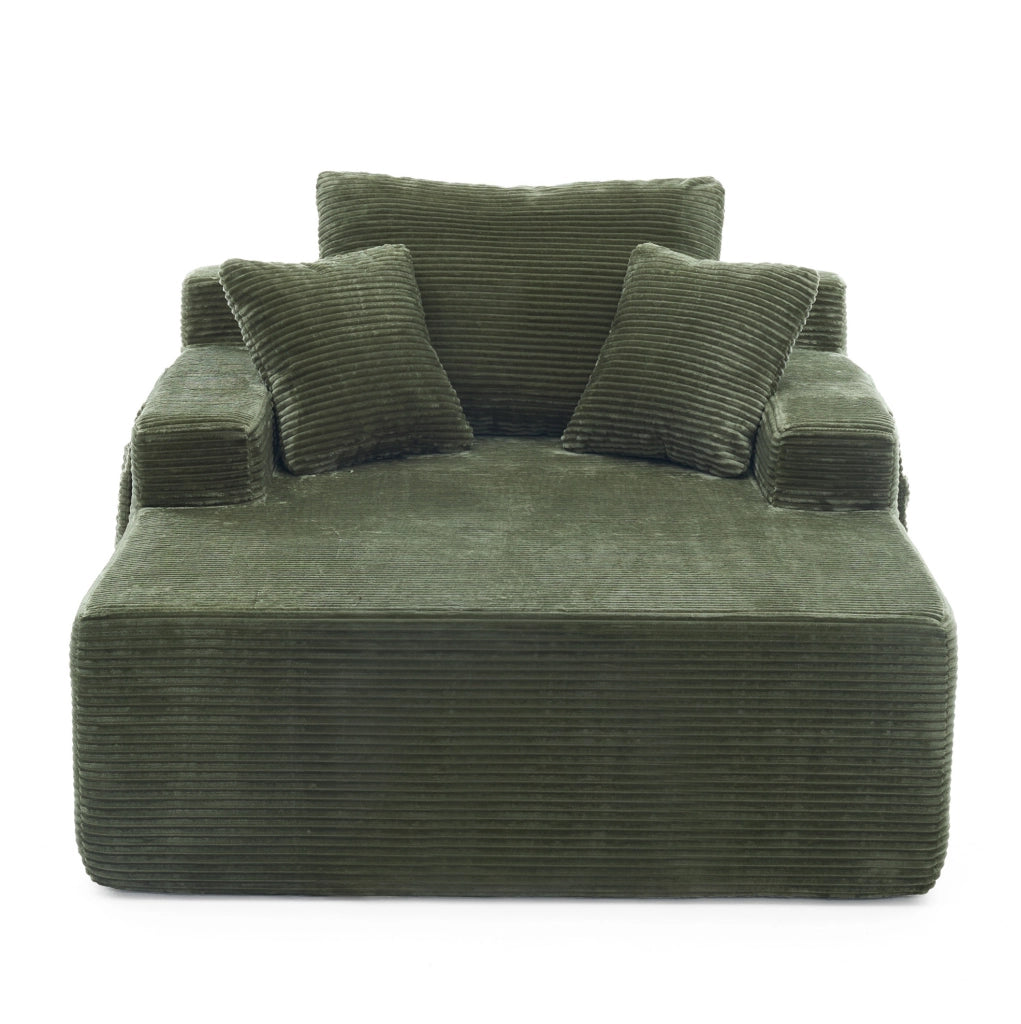 Divano letto compatto in corduroy verde con tasche laterali e cuscini; seduta con schiuma ad alta densit脿