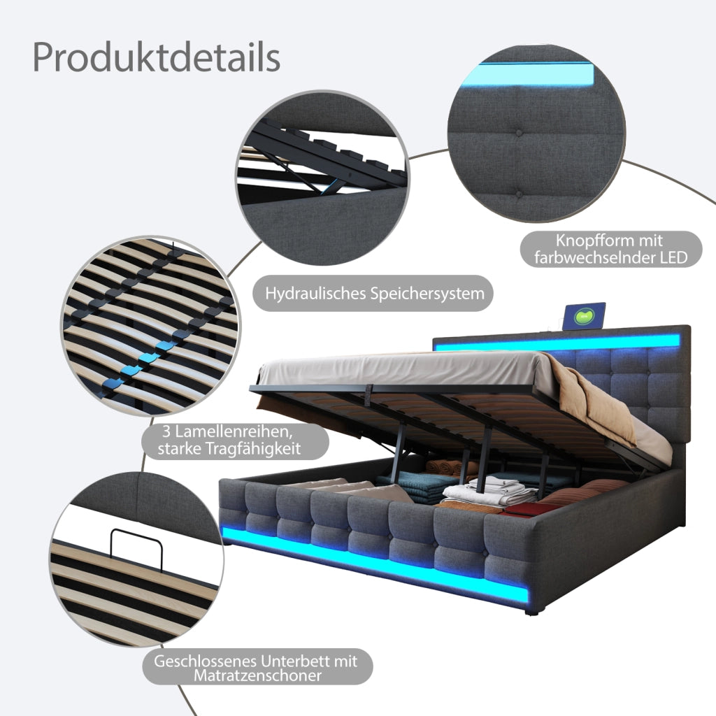 DESMIU Letto Adulto 180 × 200 cm 2 Posti con LED Regolabile, USB e Testiera Regolabile, Senza Materasso, Grigio