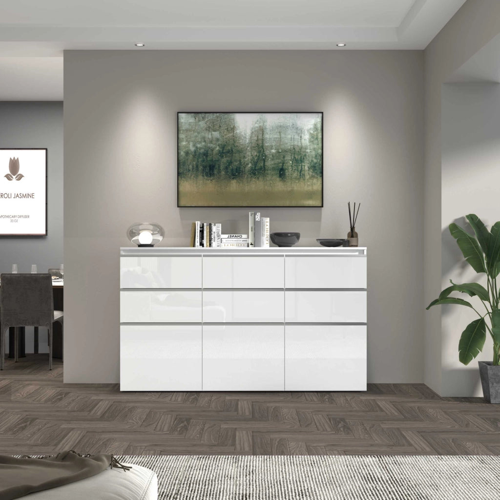 WHOUS Credenza a cassettiera Magic 3 ante e 6 cassetti bianco lucido 180x40x105 cm
