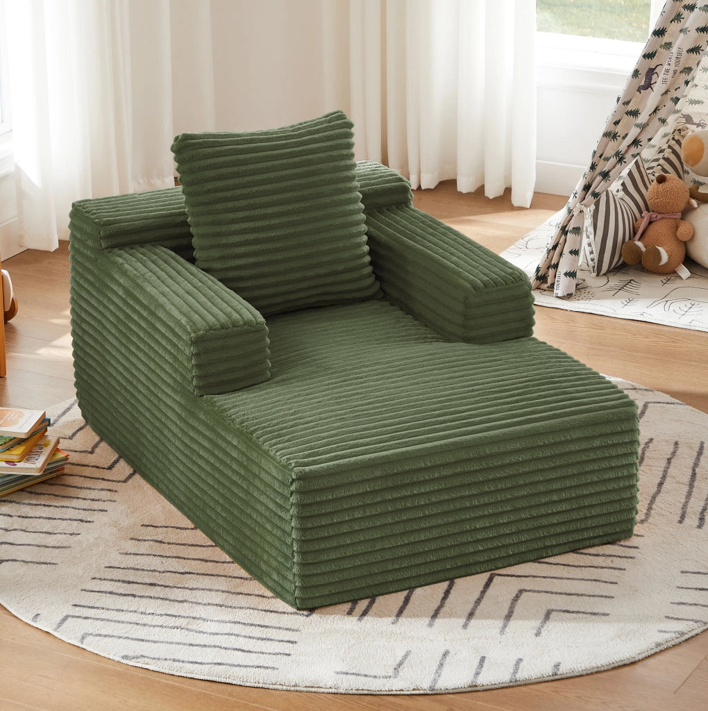 Divano chaise longue verde in velluto a coste, senza montaggio