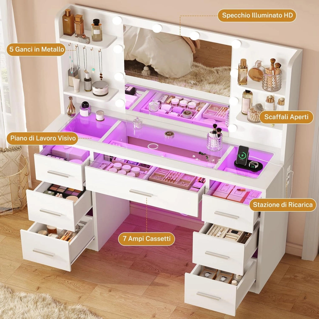 Toeletta Trucco con Luci, Led Regolabili, 3 Colori Regolabili, Toletta con Grande Specchio,Presa,Bianco,Piano in Vetro+RGB,7 Cassetti,4 Ripiani, 5 Ganci per Gioielli per la Camera da Letto