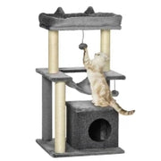 Albero Tiragraffi con Corde Sisal, Casetta e Amaca, Rivestimento Peluche e Feltro, Altezza 100cm, Grigio