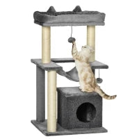 Albero Tiragraffi con Corde Sisal, Casetta e Amaca, Rivestimento Peluche e Feltro, Altezza 100cm, Grigio