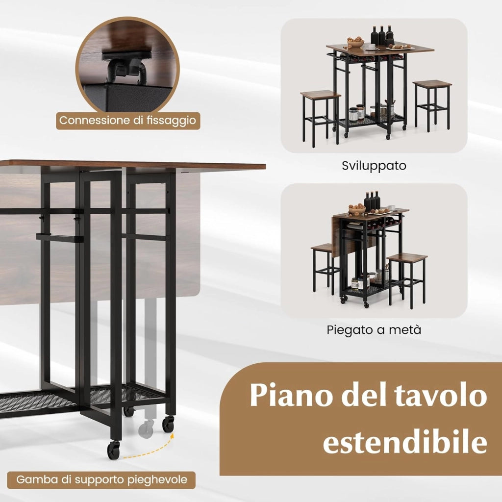 Tavolo da Pranzo Pieghevole Estensibile 3 Pezzi con 2 Sgabelli, Set Tavolo da Cucina con Ruote e Portabottiglie da 6 Posti, Ripiani e Maniglia Laterale (Marrone)